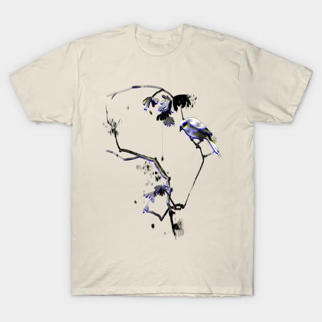 Japanese bird on a branch sumi-e T-Shirt by Blacklinesw9